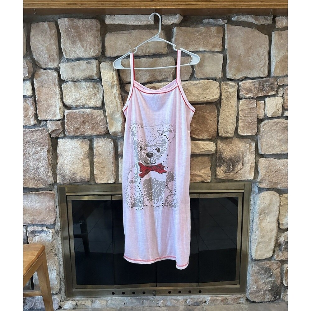 VTG Y2K Just Love Teddy Bear Nightgown Slip Dress Pink Red Trim Sz XL Womens